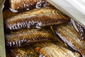 Sprats in oil. Canned fish. Fish preserves.