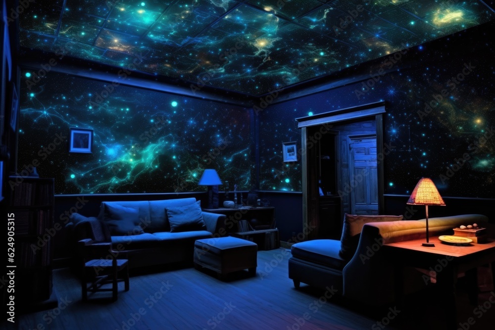 Poster bioluminescent constellation map in a dark starry room, created with generative ai