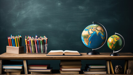 Back to School Concept. Earth Globe, Books, Notebooks, Colorful Stationery. Education and School Supplies. Blackboard Chalkboard Background for Learning. Stack of Books and Essentials on Wooden Table