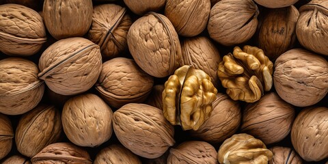 AI Generated. AI Generative. Healthy food nutrition nut walnut half open and in shell. Can be used for healthy lifestyle motivation inspiration view. - obrazy, fototapety, plakaty