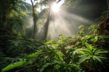dense foliage with sunlight filtering through mist, created with generative ai