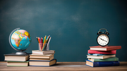 Back to School Concept. Earth Globe, Books, Alarm Clock, Notebooks, Colorful Stationery. Education Supplies. Blackboard Chalkboard Background for Learning. Stack of Books, Essentials on Wooden Table