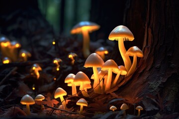 close-up of glowing mushrooms on forest floor, created with generative ai