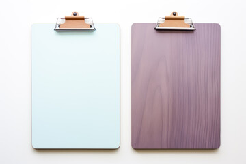 Colorful office clipboard in white background. Notepad and pen on white background, in the style of purple and gray, minimalist still life. Blank Clipboard mockup. 