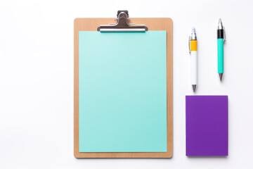 Colorful office clipboard in white background. Notepad and pen on white background, in the style of purple and gray, minimalist still life. Blank Clipboard mockup. 