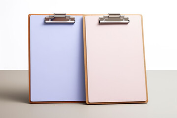 Colorful office clipboard in white background. Notepad and pen on white background, in the style of purple and gray, minimalist still life. Blank Clipboard mockup. 