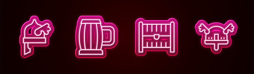 Set line Viking in horned helmet, Wooden beer mug, Antique treasure chest and . Glowing neon icon. Vector