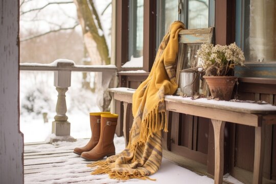 winter boots and scarves on a snowy bench, created with generative ai