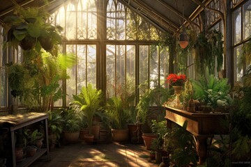 Fototapeta premium sunlit interior of a victorian greenhouse with lush plants, created with generative ai