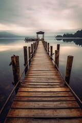 Fototapeta premium wooden pier stretching out over calm lake, created with generative ai