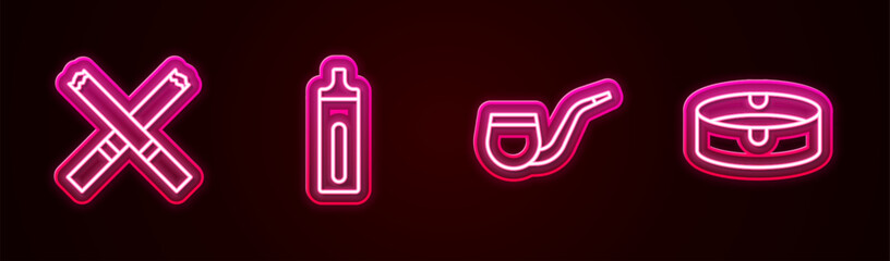 Set line Cigarette, Electronic cigarette, No pipe smoking and Ashtray. Glowing neon icon. Vector