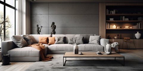 Modern Gray Living Room Interior with Sofa. Generative ai