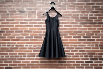 Naklejka premium black dress on hanger against a white brick wall, created with generative ai