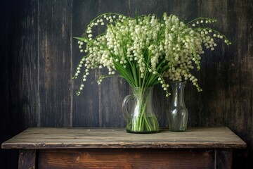 lily of the valley bouquet on a rustic wooden table, created with generative ai