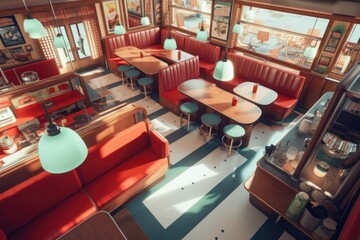 birds eye view of an empty retro diner interior, created with generative ai