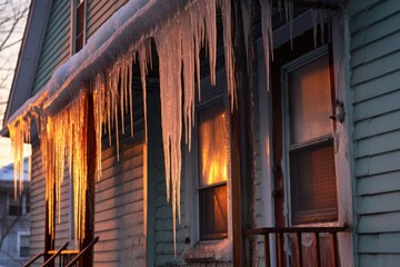 icicles hanging from a blocked doors roof edge, created with generative ai