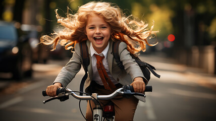 Fototapeta na wymiar Joyful School Children Girl Cycling in School Uniform, Safely Commuting to School on Bicycles. Active and Fun Back to School Concept for Kids. Healthy Outdoor Lifestyle and Safe Transportation. 