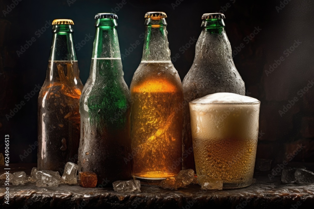 Canvas Prints beer bottles with condensation in ice-filled glass, created with generative ai