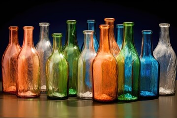 glass bottles in various colors for recycling, created with generative ai