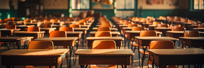 Empty Classroom. Back to school concept in high school. Classroom Interior Vintage Wooden Lecture Wooden Chairs and Desks. Studying lessons in secondary education. generative ai - obrazy, fototapety, plakaty