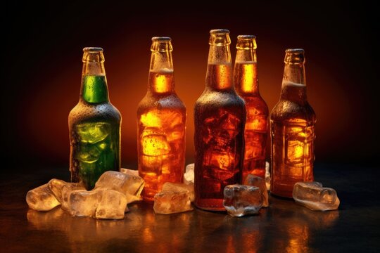 ice cubes melting around cold beer bottles, created with generative ai