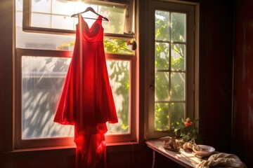 red dress hanging near a window with sunlight streaming in, created with generative ai