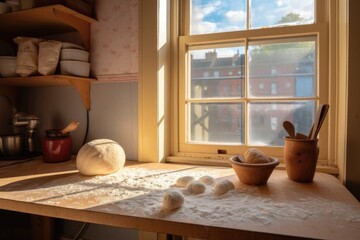 Fototapeta na wymiar dough rising near a sunny windowsill for warmth, created with generative ai