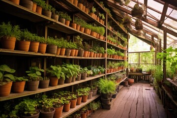 rows of potted plants on wooden shelves in greenhouse, created with generative ai
