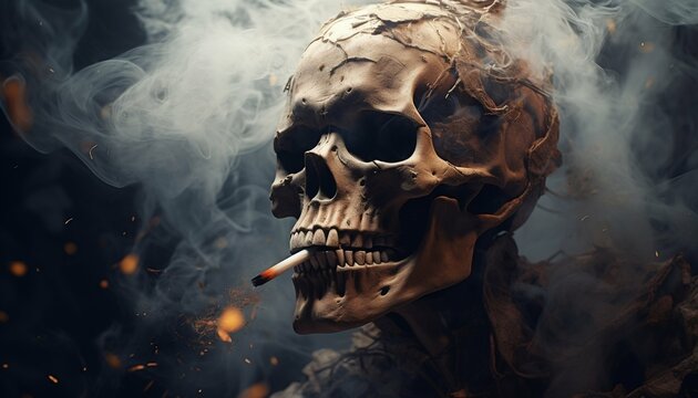 Skull Smoking Cigarette, Smoking Kills Concept. Generative ai
