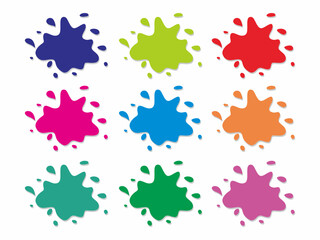 Fototapeta na wymiar Paint splatter colorful set. Round splash flat collection. Cartoon splatters. Stain colored ink collection. Isolated vector illustration.