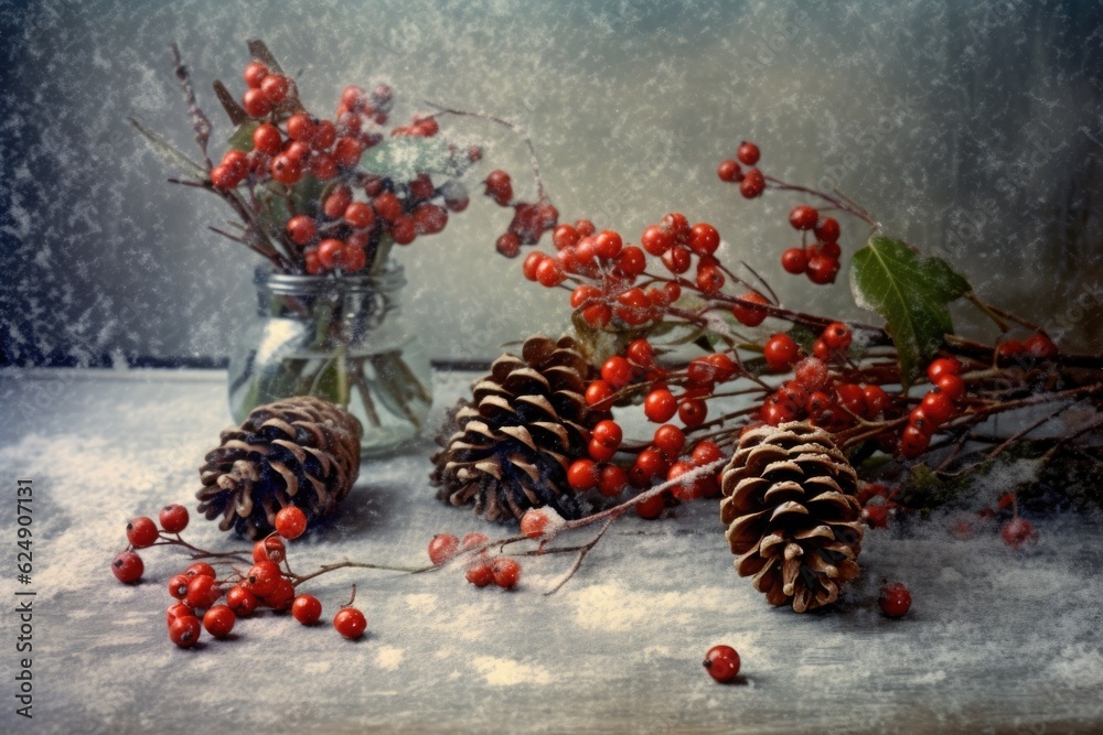 Poster pinecones and holly berries on a snowy table, created with generative ai