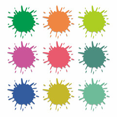 Paint splatter colorful set. Round splash flat collection. Cartoon splatters. Stain colored ink collection. Isolated vector illustration.