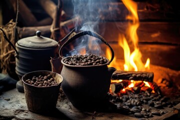 brewing coffee in a rustic pot over open fire, created with generative ai