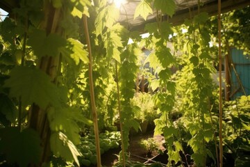sunlit hops plants growing in lush garden, created with generative ai