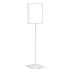 Pedestal poster frame vector mockup. Advertising floor standing double sided display template. Blank white placard sign holder stand on square steel base mock-up