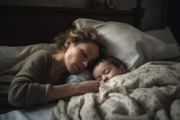 Obraz na płótnie Canvas Mother sleeping with baby son on bed