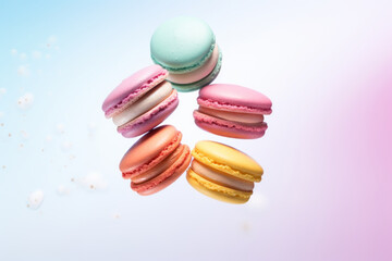 Close up of macaroons flying in the air in rainbow palette. AI generated