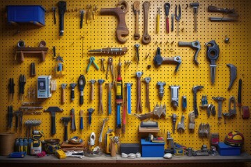 neatly arranged tools on a pegboard wall, created with generative ai - obrazy, fototapety, plakaty