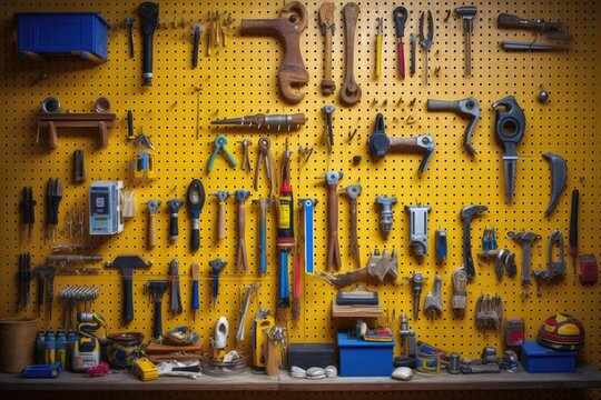 neatly arranged tools on a pegboard wall, created with generative ai