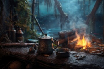 steaming mug of mint tea beside a cozy campfire, created with generative ai