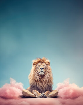 Calm looking lion sitting on ground in lotus like position, pink clouds around. Zen meditation concept. Vertical banner with copy space above. Generative AI