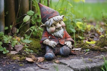 Obraz premium weathered garden gnome missing its head, created with generative ai