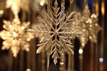 close-up of sparkling snowflake decorations, created with generative ai