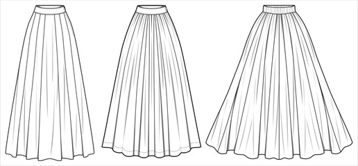 Women Full length Skirt flat sketch illustration, Set of womens long tulle  skirt for casual wear fashion technical drawing vector template mock up
