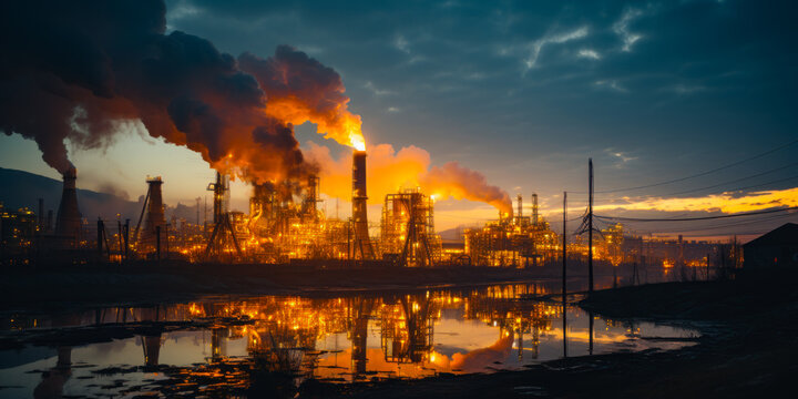 Oil refinery plant working at night. Fire and smoke rising above the industrial zone. Generative AI.