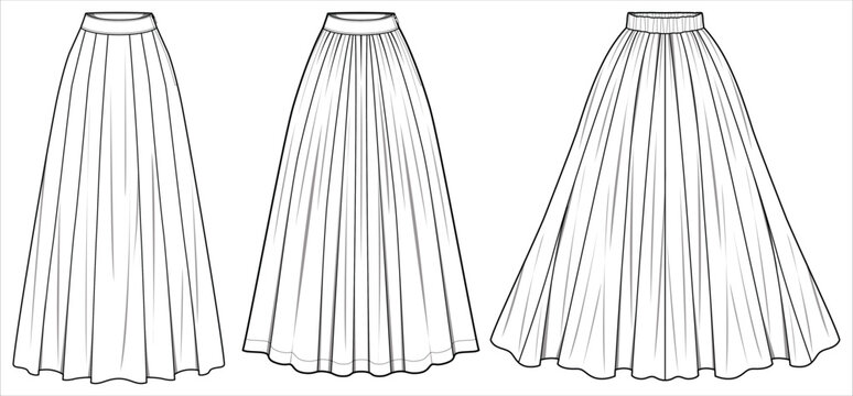 Women Full length Skirt flat sketch illustration, Set of womens long tulle  skirt for casual wear fashion technical drawing vector template mock up