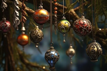 christmas tree ornaments hanging on branches, created with generative ai