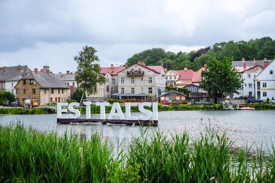 Talsi, Latvia - July 14, 2023: Town of Talsi, Latvia. Oldtown buildings exterior in summer