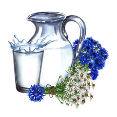 Dairy products. Carafe and glass of milk. The composition is decorated with cornflowers and daisies. Watercolor hand drawn illustration. For milk promotion banner, flyer dairy product label packaging.