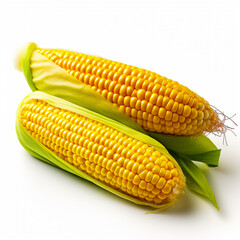 Three chunks of corn in the leaves. Fresh uncooked maize isolated on white backdrop. Generative AI.